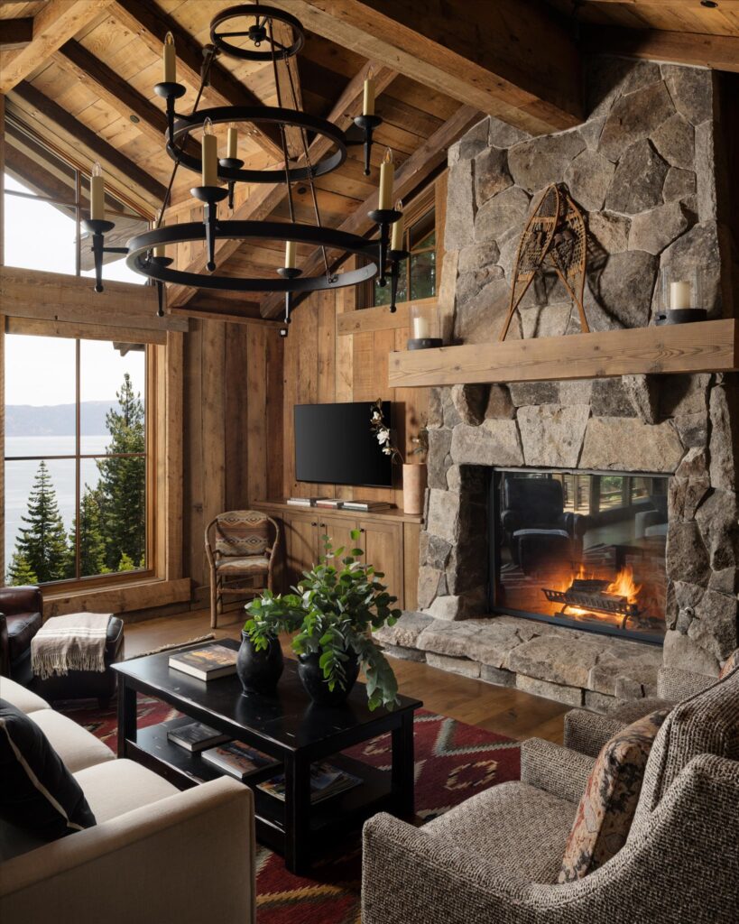 Lakeview Chalet living space crafted in stone and timber
